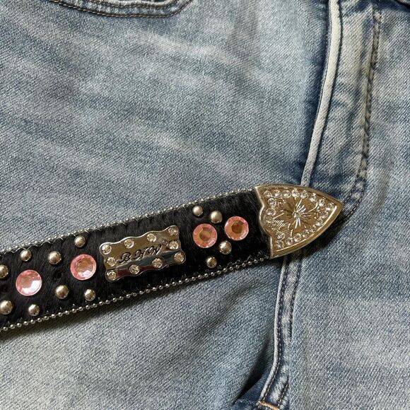 BHW Black and silver and pink leather and cow skin studded belt vintage y2k main image 7